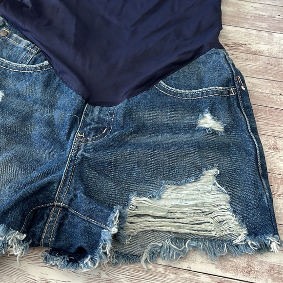 Pinkblush Dark Wash Distressed Raw Hem Maternity Full Panel Shorts - Picture 5 of 9